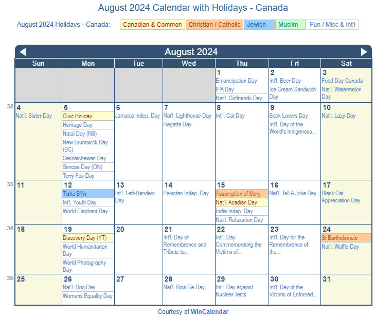 Print Friendly August 2025 Canada Calendar for printing